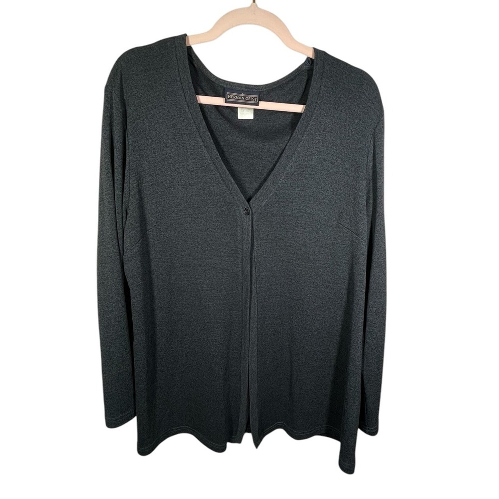 Herman Geist Womens Large Charcoal Gray Single Button V-Neck Cardigan Sweater